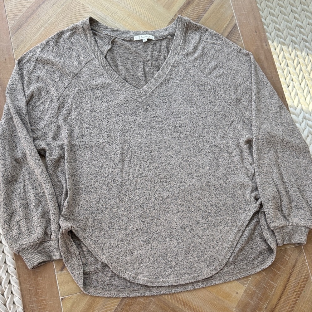 Z Supply Heather Brown and Black V-Neck   Long Sleeve